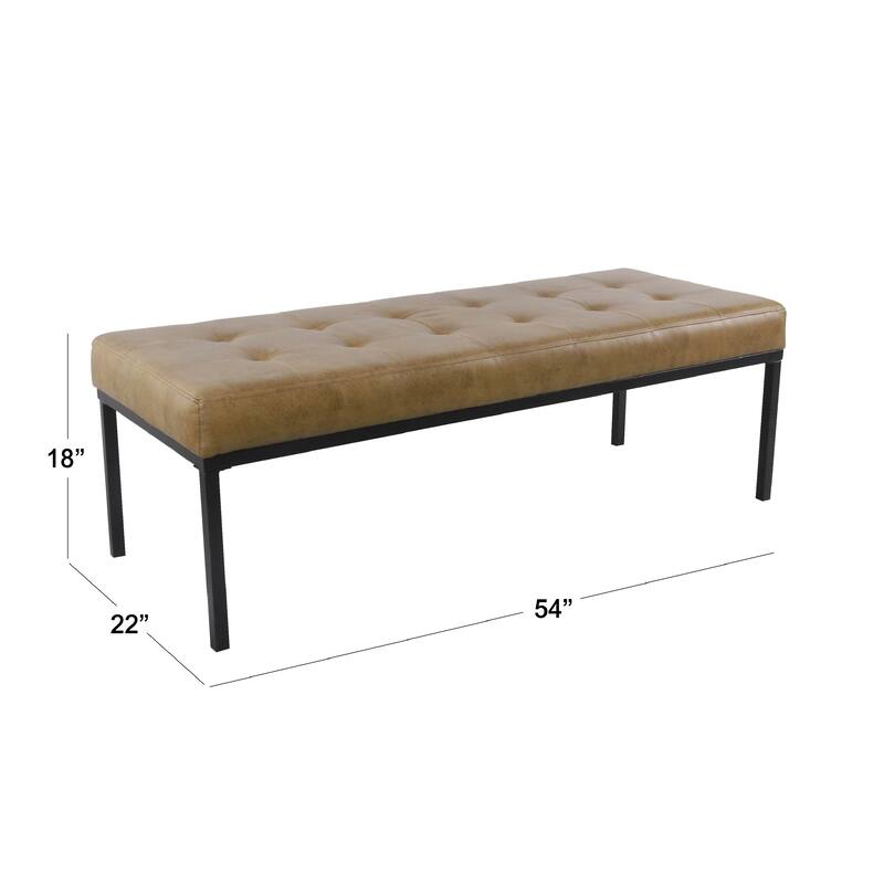 Alp Bench, Black Open Metal Frame, Brown Tufted Faux Leather 54 Inch