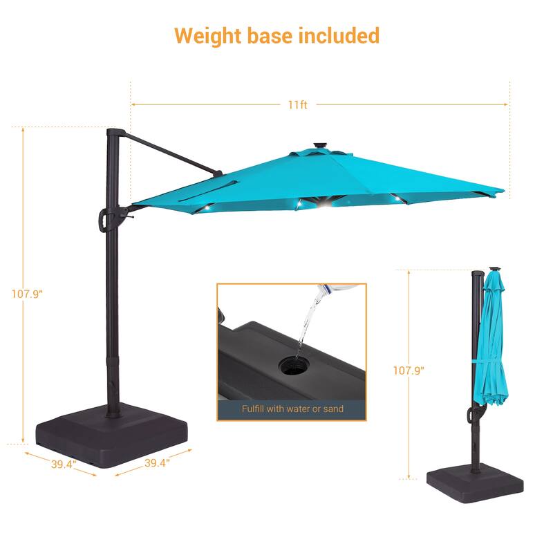 LIVOOSUN 11Ft LED Patio Hanging Octagon Cantilever Umbrella with 360-degree Rotating Canopy