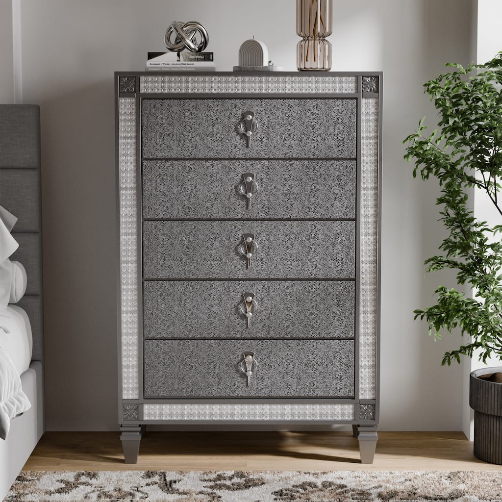 Furniture of America Welen Glam Grey Wood 5-Drawer Chest