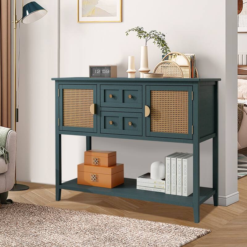 Rattan Entryway Table Console Table with Drawers