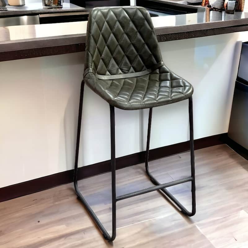HomeRoots 27" Green and Black Leather and Iron Counter Height Bar Chair - Counter Height - Single - Green
