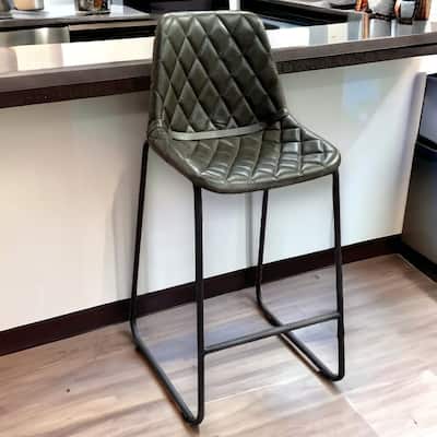 HomeRoots 27" Green and Black Leather and Iron Counter Height Bar Chair