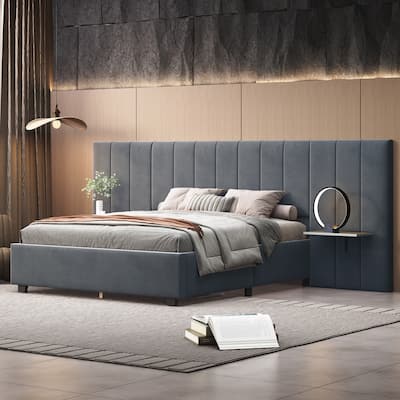 Gray Queen Size Velvet Upholstered Platform Bed with Large Headboard