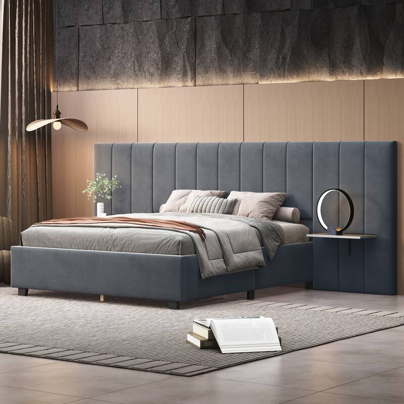 Modern Velvet Bed with Large Headboard - Gray - Queen