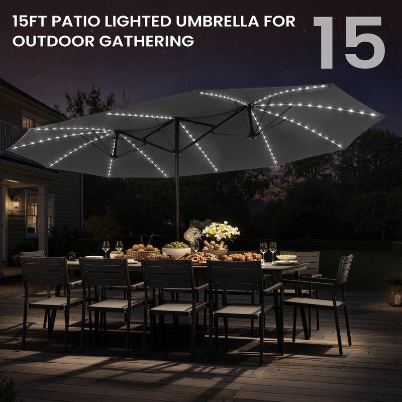 15ft Outdoor Patio Market Umbrella with Base and 144 Solar-Powered Led Lights