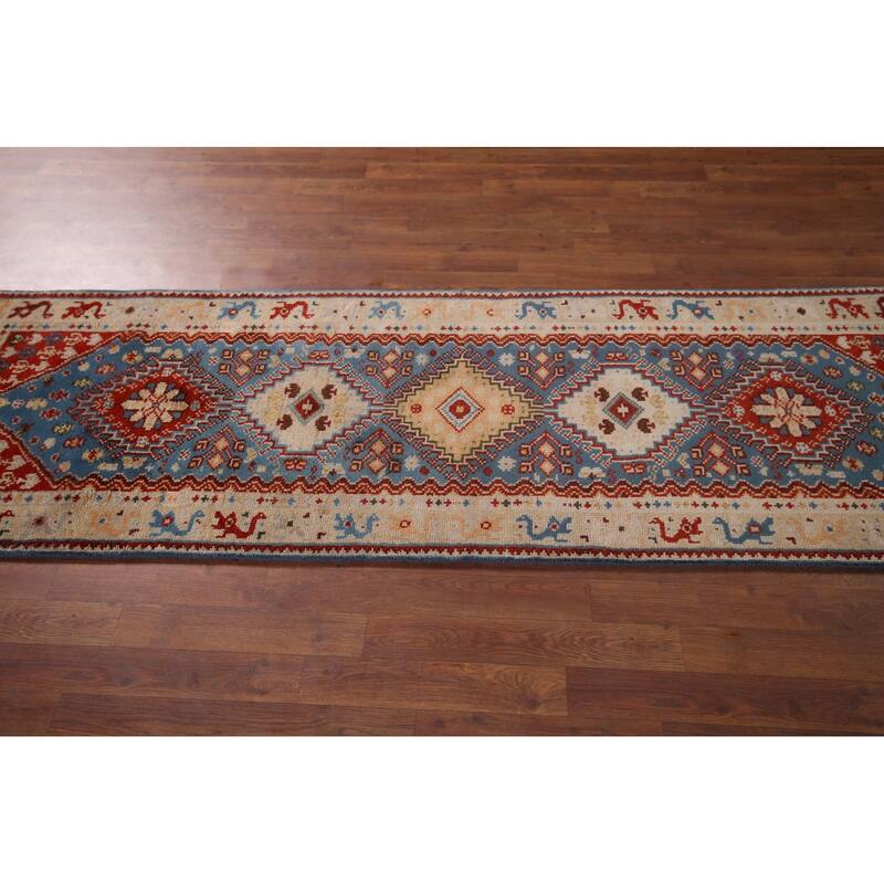 Blue Geometric Kazak Indian Foyer Rug Handmade Wool Carpet - 2'6"x 6'0"