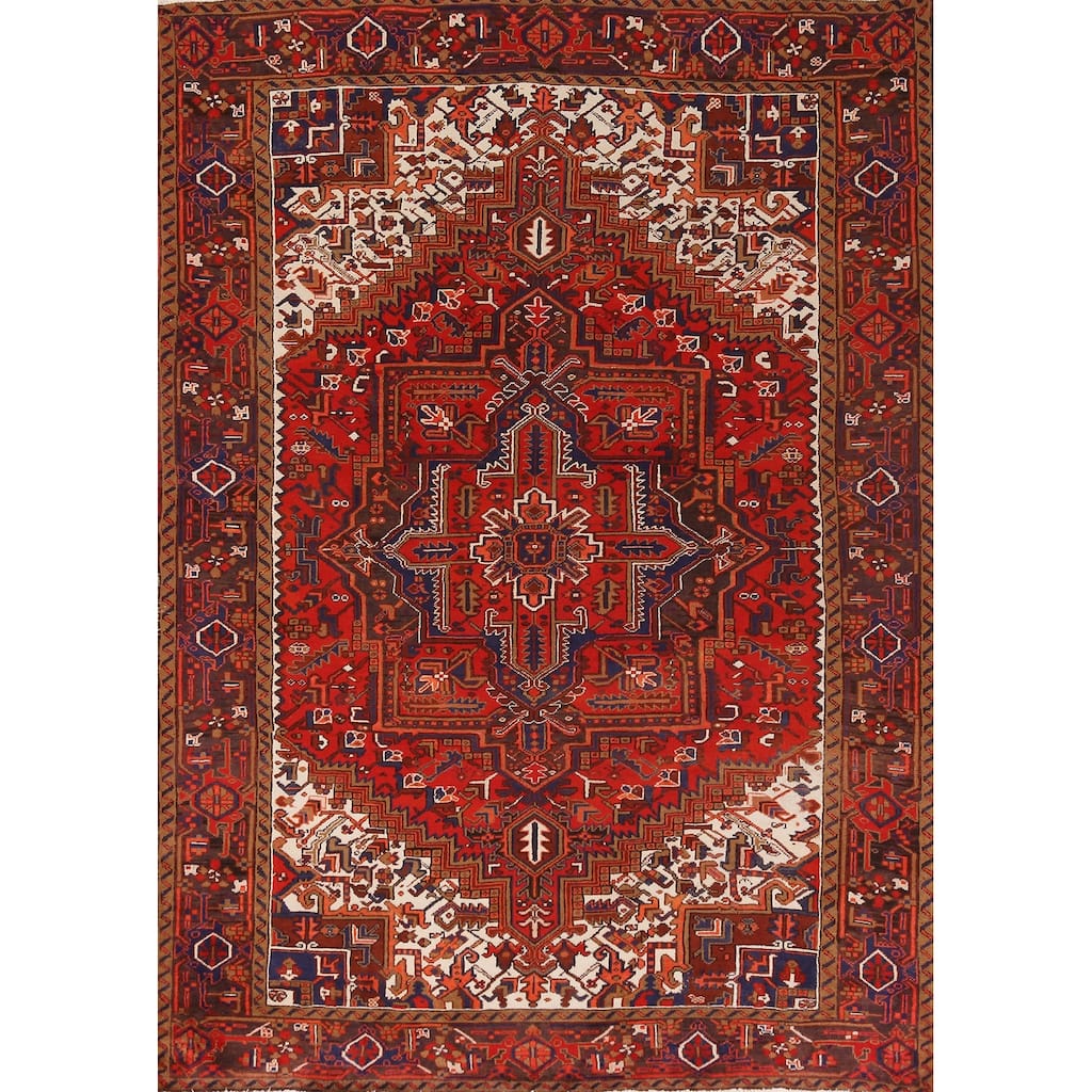 Hand Knotted Oriental 100% Wool Carpet Traditional Medallion Red Heriz Area Rug - 9' 7'' X 6' 9''
