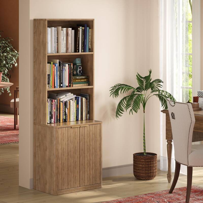 71" Oak Bookcase with Doors, 5-Tier Fluted Tall Bookshelf with Storage
