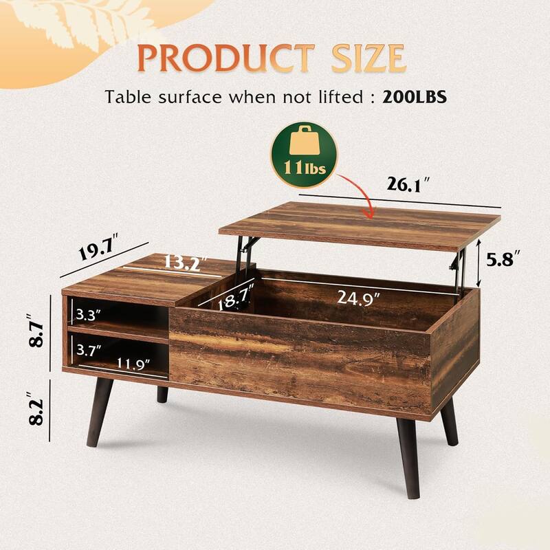 Modern Lift Coffee Table with Hidden Compartments and Adjustable Storage Shelves, for Living Room, Office