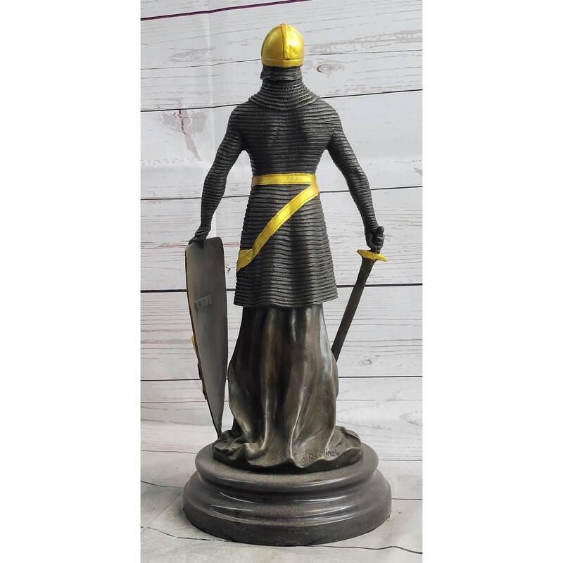Medieval Templar Knight Crusader Soldier Warrior Bronze Sculpture Statue Figure Marble Base