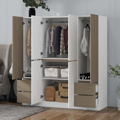 Bedroom Wardrobe Closet Cabinet with Hanging Rods & 4 Drawers, 6-Doors Wooden Clothes Storage Cabinet Armoire, White+Natural