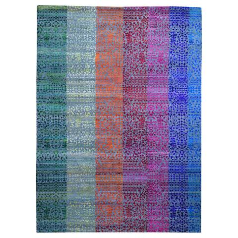 Shahbanu Rugs Colorful Sari Silk Bespoken Sampler Tone On Tone Hand Knotted Rug (9'0" x 12'1") - 9'0" x 12'1"
