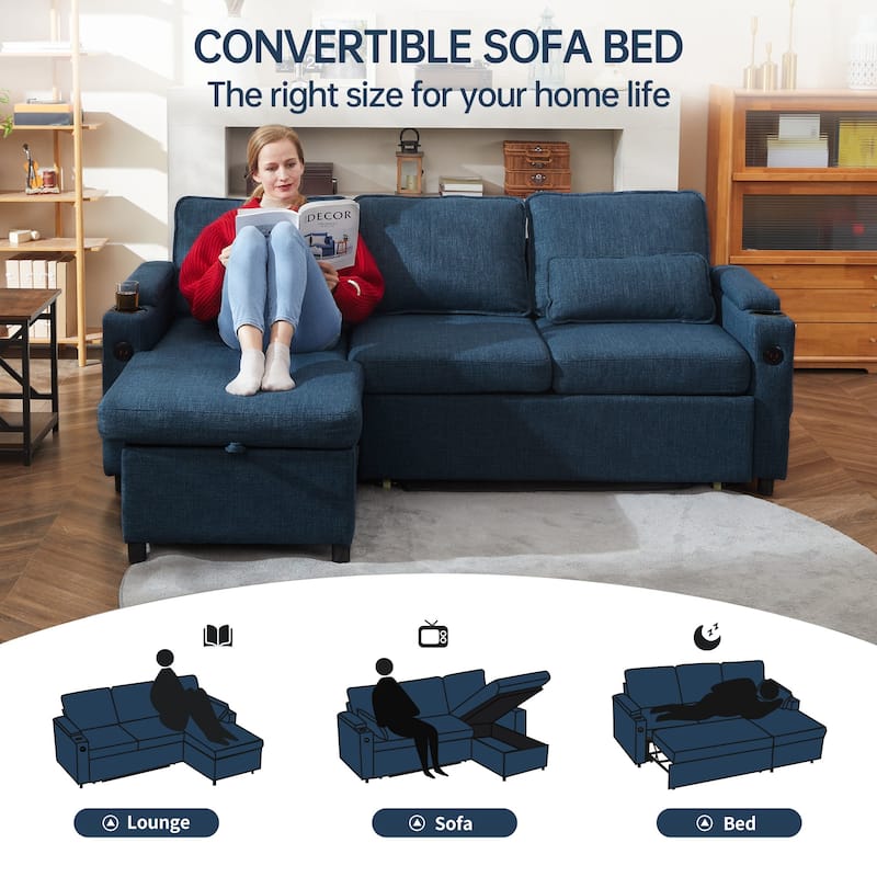Convertible Sleeper Sofa 3-in-1 Pull Out Sectional Sofa Bed L/U-Shaped Couch with Storage Chaise