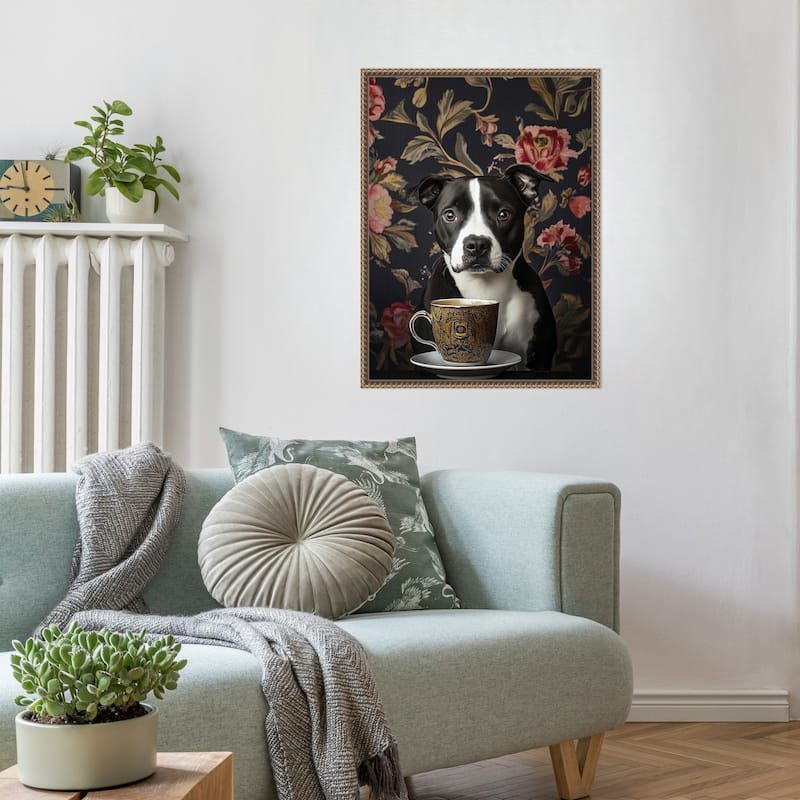The Refined Staffy Cafe Moment by Mowzu Framed Canvas Wall Art
