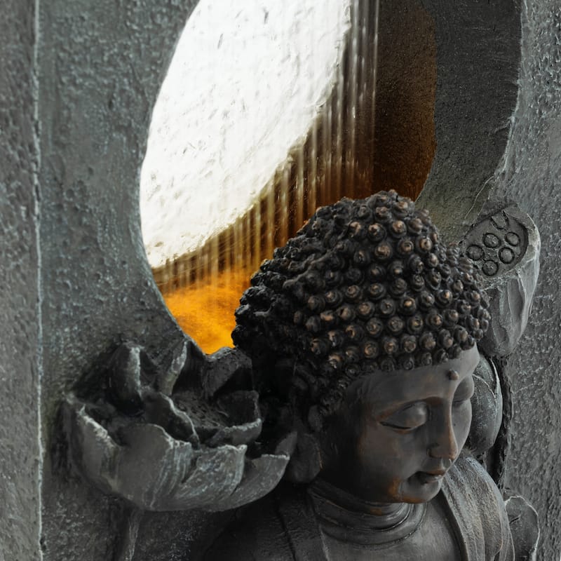 GDFStudio - Zen Fengshui 28" H Outdoor Freestanding Buddha Water Fountain with Calm Cascading Waterfall & LED Lights