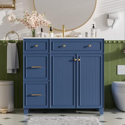 36" Bathroom Vanity with Ceramic Sink, Standard and Double-Layer Drawers, Soft Close Doors, Adjustable Shelves, Storage Cabinet