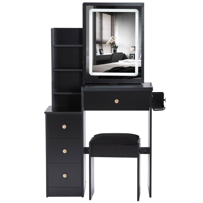 29.2" Small Size Left Bedside Cabinet Vanity Table + Cushioned Stool, 2 AC+2 USB Power Station, Hair dryer bracket