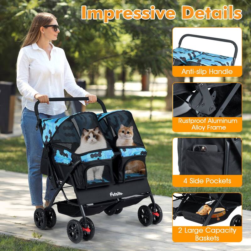 Gymax Double Pet Stroller w/ 2-seater Carrier Adjustable Sunshade