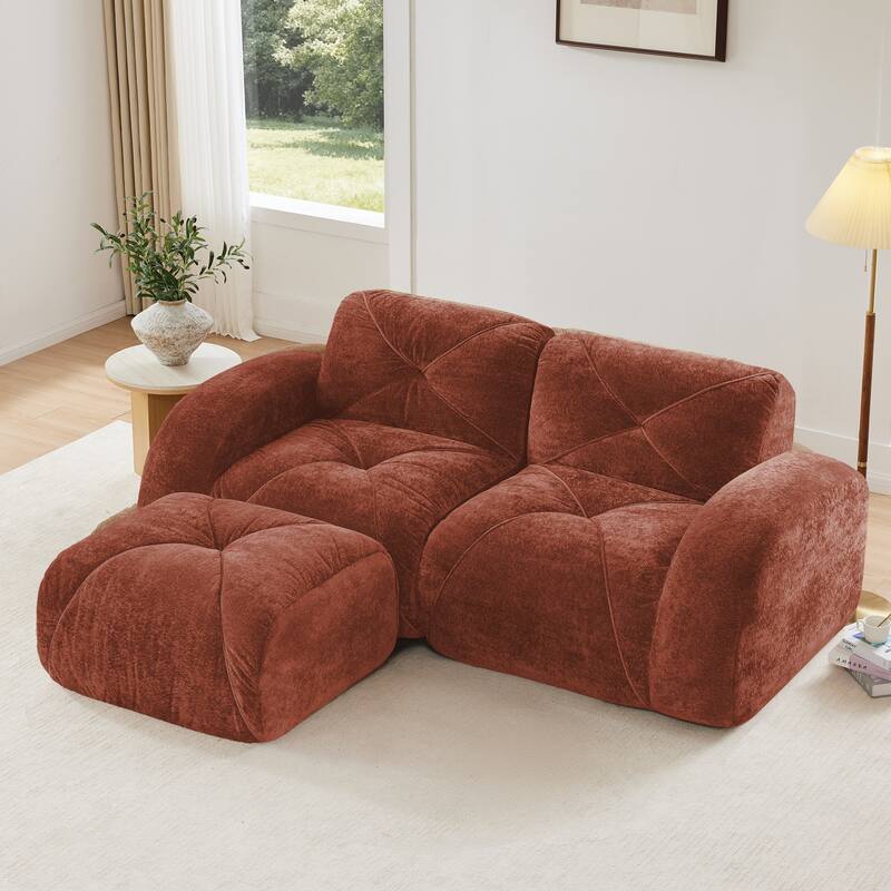Velvet Tufted Loveseat Sofa Modular Couch, Boneless Deep Seat 2-Seater Couch, Available with/without Ottoman - Red - 2 Seat+1 Ottoman