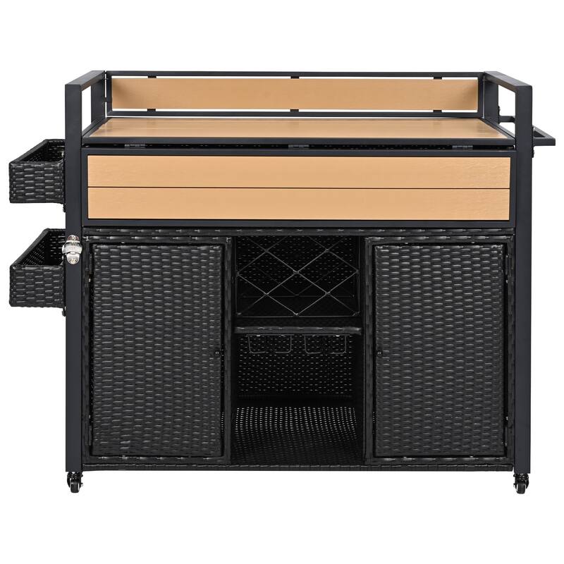 52.8"W Wicker Outdoor Grill cart with Extended Plastic Wood Table Top, Rolling Kitchen Island on Wheels with Storage Cabinet
