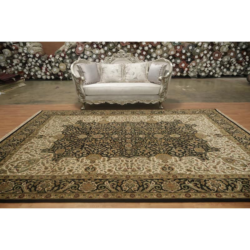 Hand Knotted Oriental 100% Wool Carpet Traditional Floral Black Agra Area Rug - 11' 11'' X 9' 2''