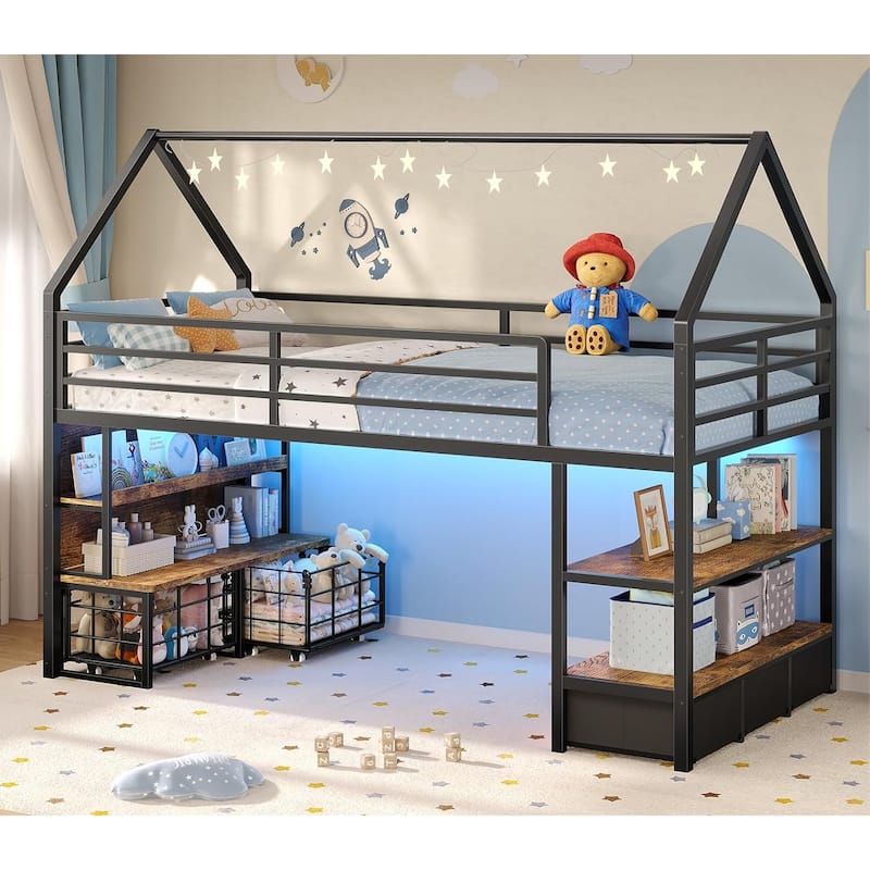 House Low Loft Bed Twin Size 5 Storage Drawers Bookcase LED Lights