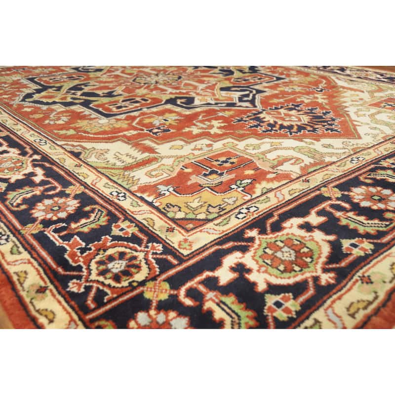 Geometric Medallion Heriz Serapi Indian Rug Hand-Knotted Wool Carpet - 8'10" x 12'0" - 8'10" x 12'0" - Orange