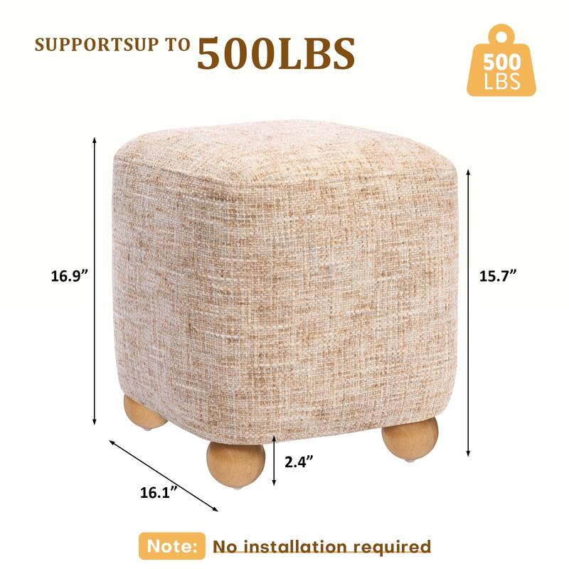 Chenille Upholstered Pouf Ottoman Footstool Acacia Solid Wood Footrest