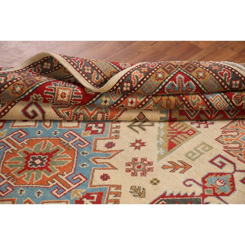 Geometric Kazak Oriental Area Rug Handmade Yellow Wool Carpet - 6'10" x 10'7"