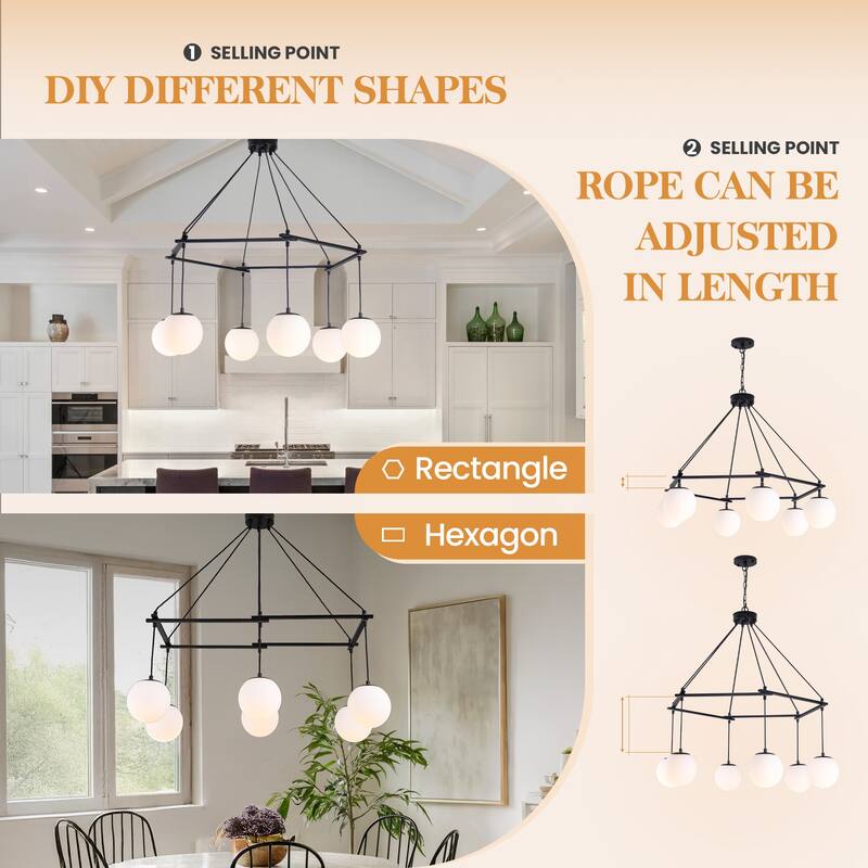 6-Light Black Wagon Wheel Chandelier, Hexagonal Dining Room Pendant Light with White Glass Shade