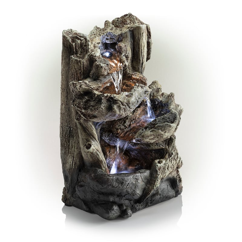 Alpine Corporation 14" Tall Indoor/Outdoor Tiered Log Tabletop Fountain with LED Lights