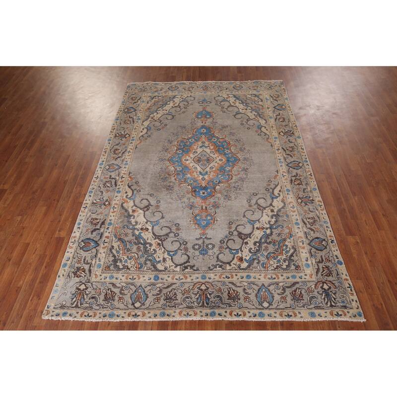 Distressed Tabriz Vintage Persian Rug Hand-Knotted Grey Wool Carpet - 6'6" x 9'7"