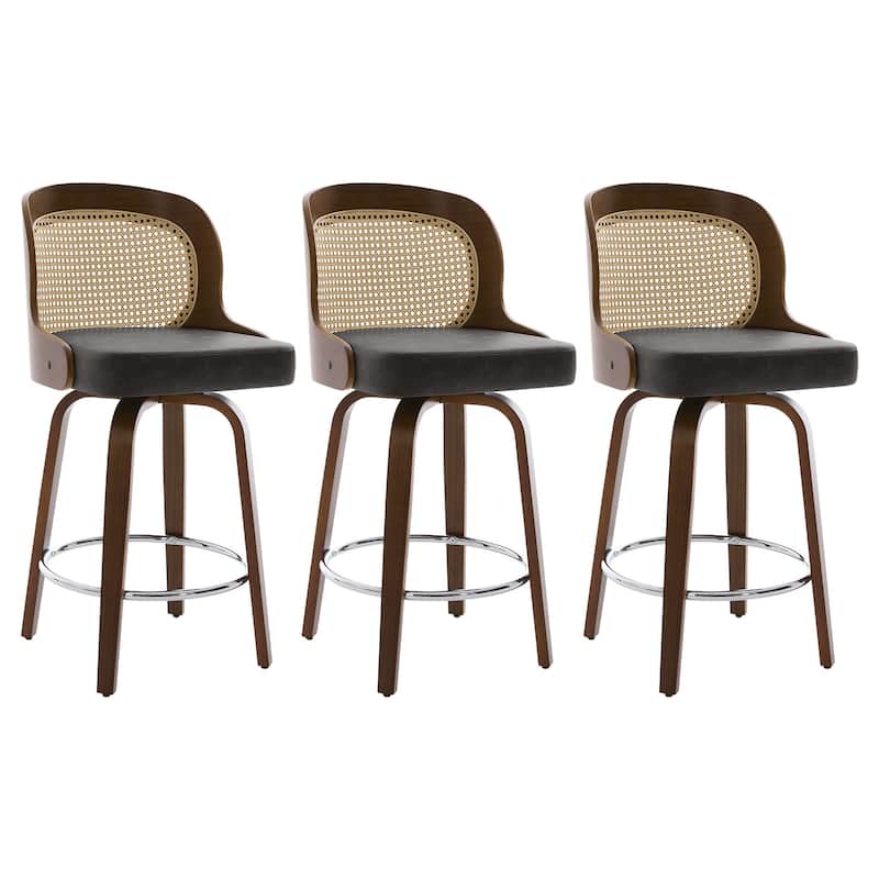 26" Upholstered Swivel Counter & Bar Stool with Rattan Back - 37.4"H x 19.09"W x 19.88"D