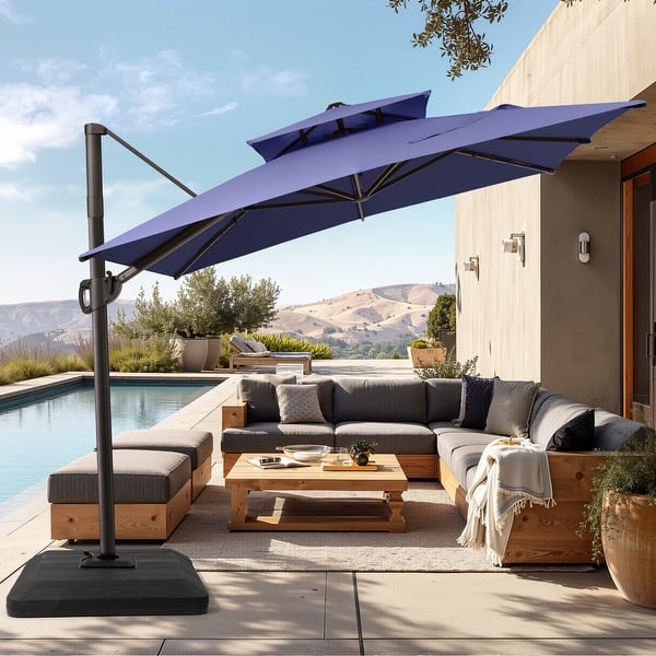 11-foot rectangular solar aluminum patio umbrella natural ABCCANOPY 15FT Double Sided Pool Umbrella with Base, Outdoor Porch Umbrella for Poolside, Lawn, Backyard (Green)