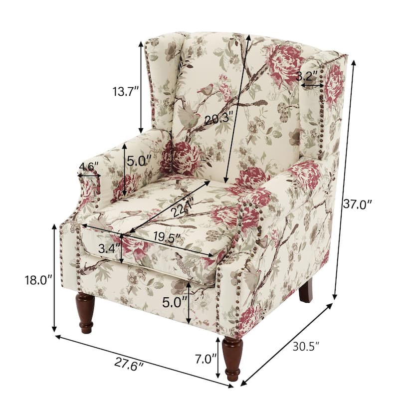 Traditional Floral Patterned Wingback Armchair with Nailhead Trim