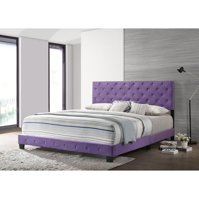 Suffolk Velvet Upholstered Jewel Accent Tufted Nailhead Panel Bed - Purple - King