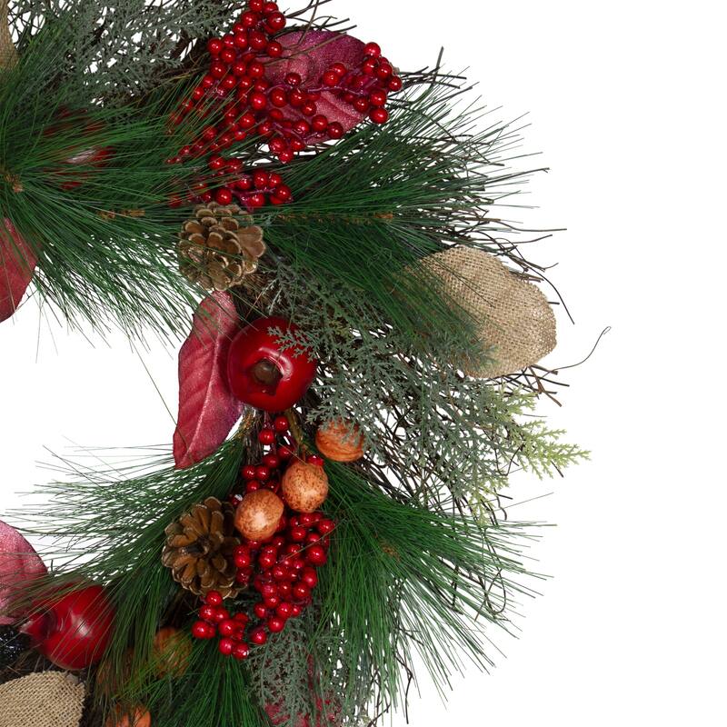 24" Autumn Harvest Mixed Berry, Pine Nut Thanksgiving Wreath - Unlit