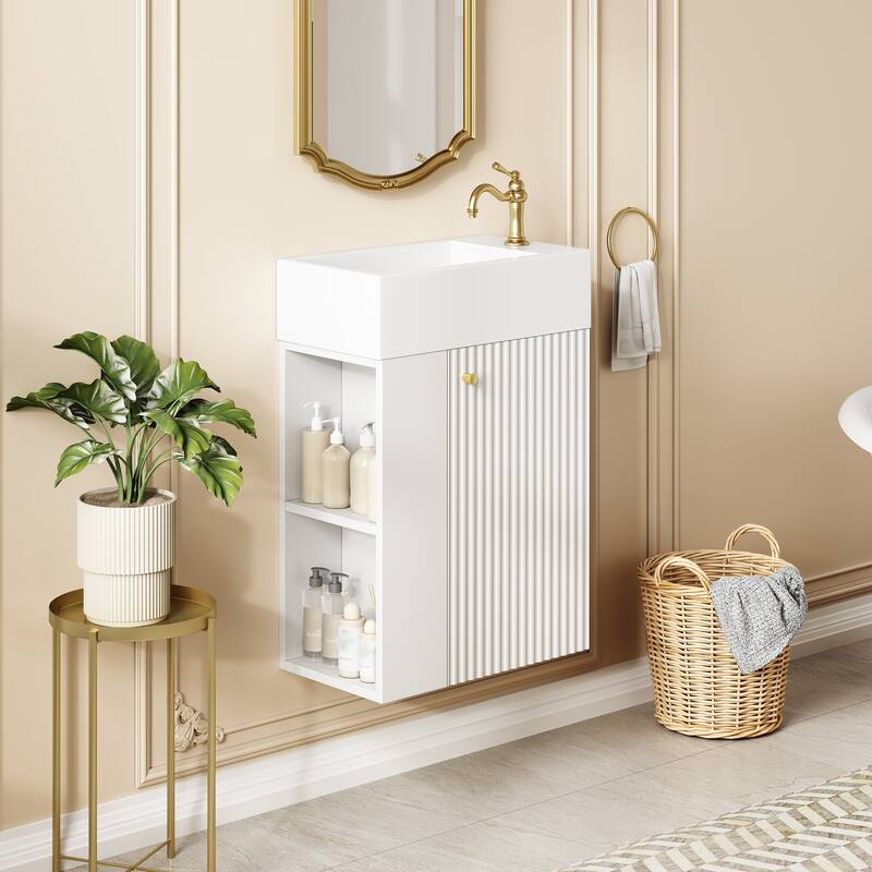 Contemporary Floating Vanity With Ceramic Vessel Sink - Left-Side Storage Cabinet For Compact Bathrooms‌ - White -  18.5 inch