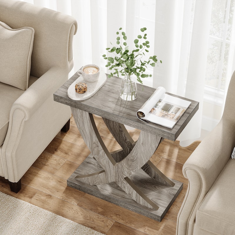 Wood End Side Table for Living Room, Night Stand for Bedroom with Cross Fishtail Support