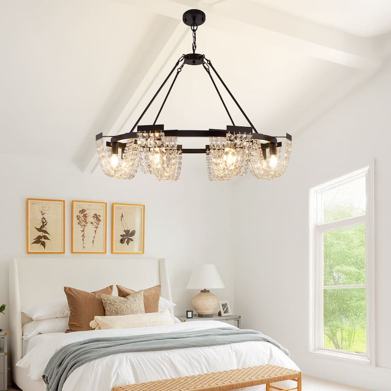 Modern 8-Light Wagon Wheel Chandelier with Crystal Decor