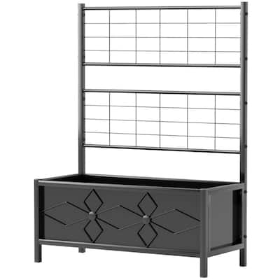 Black Galvanized Steel Raised Garden Bed with Trellis and Drainage - 35.4" W x 15.7" D x 47.2" H