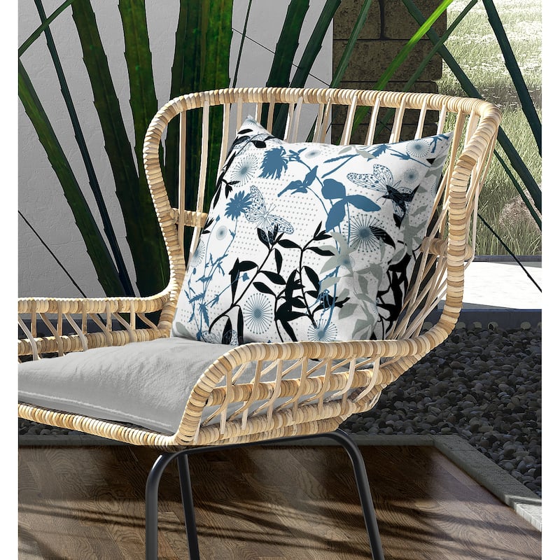 Butterfly Floral Orbit Indoor/Outdoor Reversible Throw Pillow Blue and White