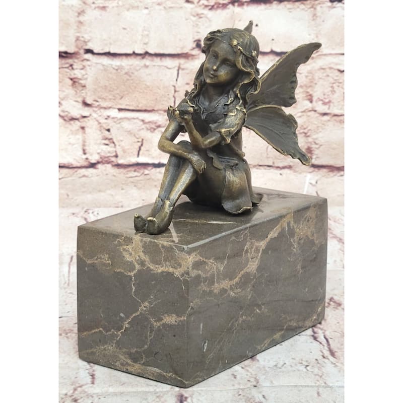 Sitting Young Fairy Girl Angel Winged Figure On Marble Base Original Art By Milo