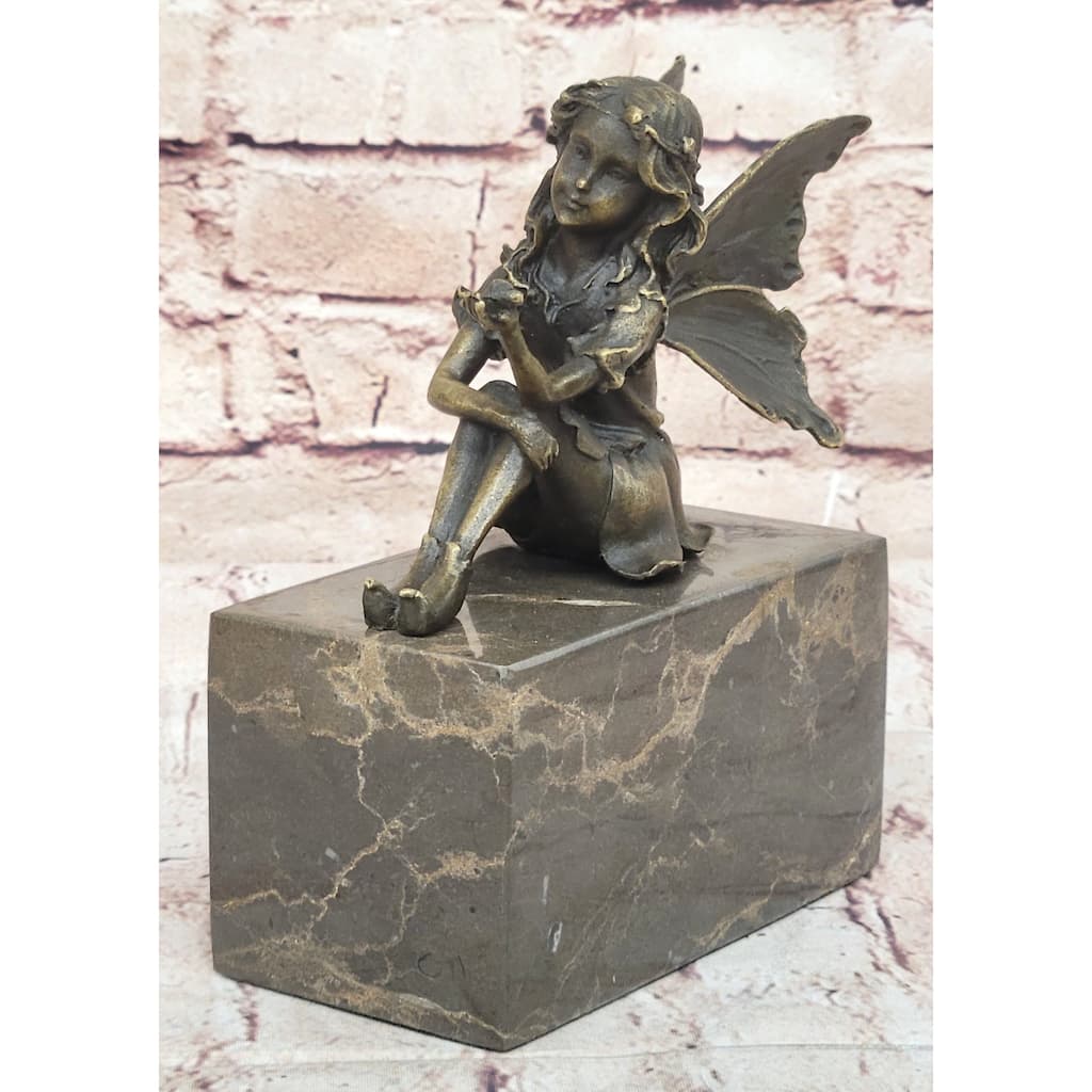 Sitting Young Fairy Girl Angel Winged Figure On Marble Base Original Art By Milo