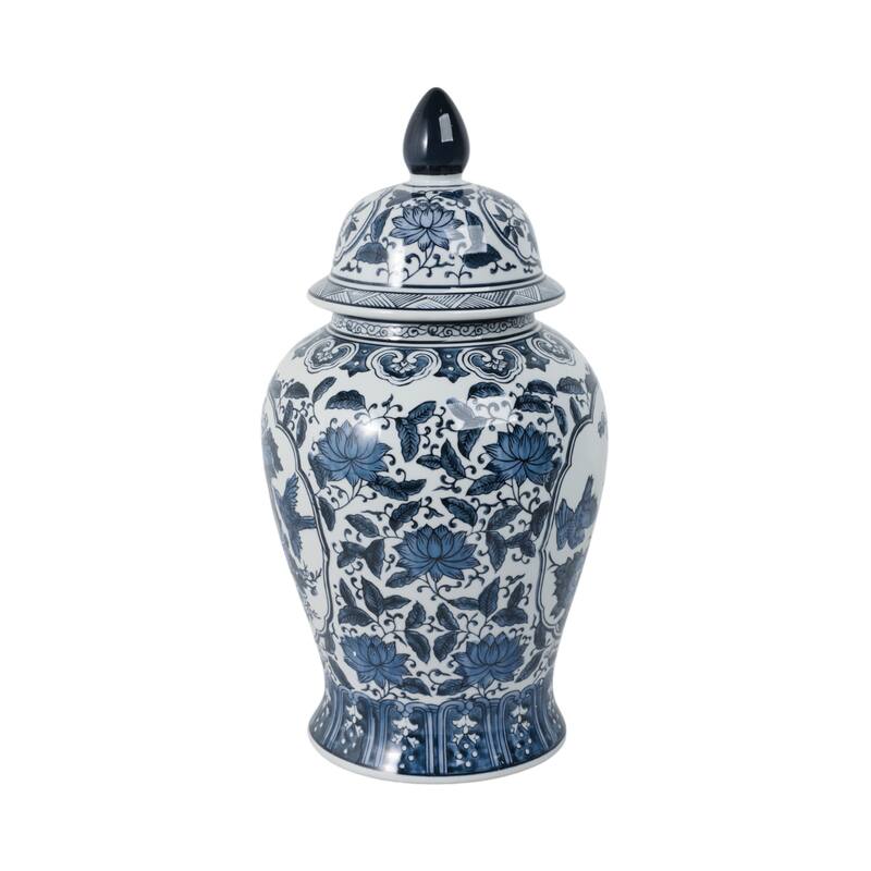 Ceramic Chinoiserie Floral Decorative Temple Jar - Blue 18"
