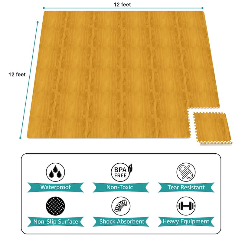 Sorbus 144 Sq. Ft. Wood Grain Floor Tiles Foam Mat EVA Interlocking Mats Tile 3/8-Inch Thick Flooring Wood Puzzle Exercise Mats