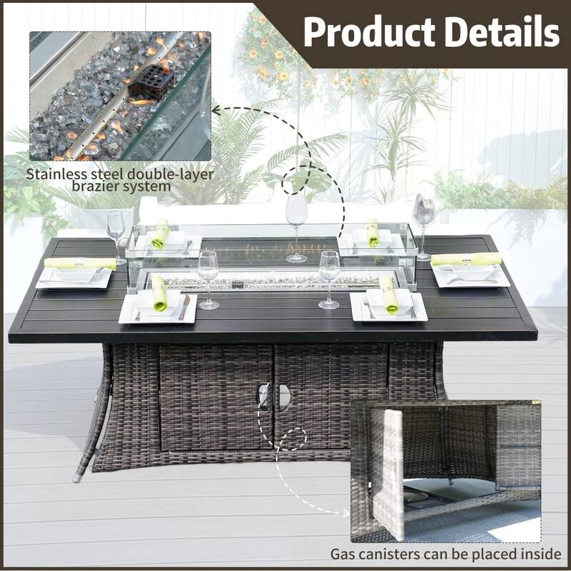 7-piece Aluminum Fire Pit Table and Wicker Chairs Set for Outdoor