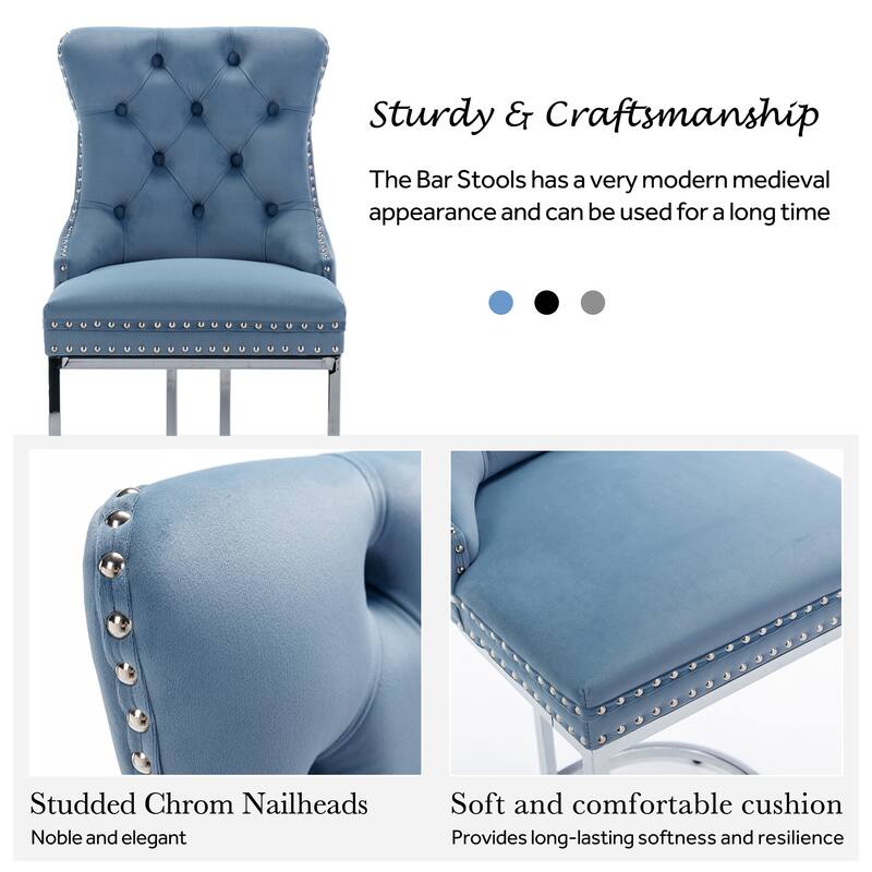 Modern Velvet Upholstered Barstools with Metal Base Leg