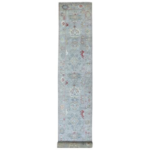 Shahbanu Rugs Hand Knotted Oushak Silver Blue Soft Vibrant Wool With Soft Colors Oriental XL Runner Rug (2'10" x 19'8")