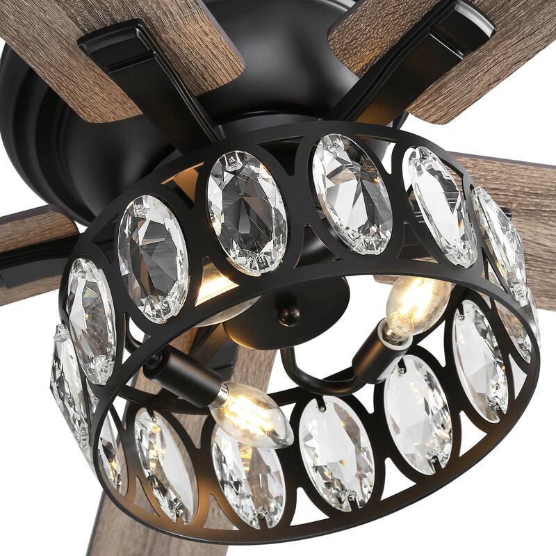 52" Flush Mount Ceiling Fan with Crystal Light Remote, 5-Blade Chandelier - 52 Inch